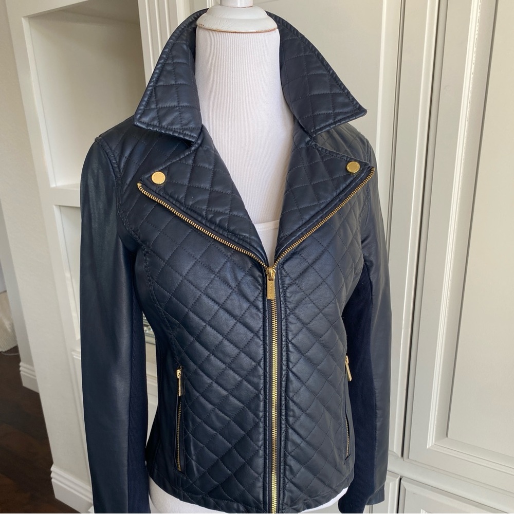 CALVIN KLEIN Dark Navy blue Quilted faux leather Jacket with Gold hardware